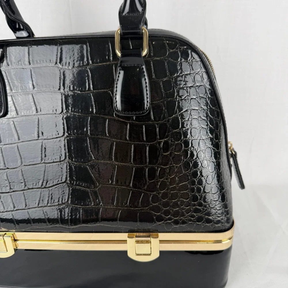 Black Patent Croc Embossed Satchel Handbag Gold Hardware Dual Compartment Bag